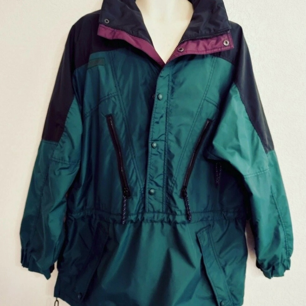 Vintage Columbia Men's Green and Black Ski windbreaker anorak jacket nylon hood